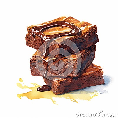 Realistic Watercolor Brownies With Syrup On White Background Cartoon Illustration