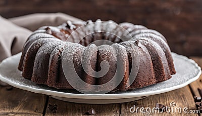 A brown cake with white frosting and chocolate chips Stock Photo