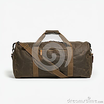 Brown canvas duffel bag with a structured, rectangular shape. Features include a front Stock Photo