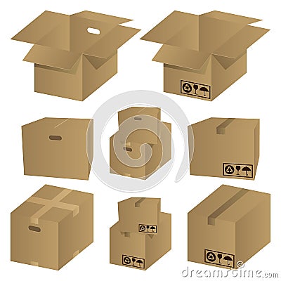 Brown cardboard icons set Vector Illustration