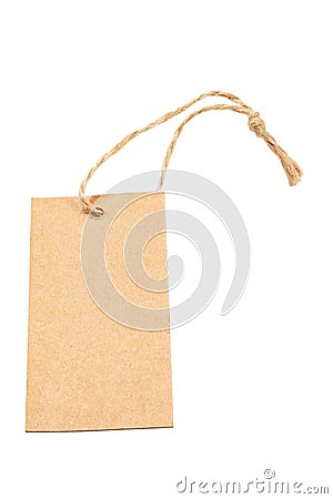 Brown cardboard label with slim rope isolated on white background. Price tag or address label on white background Stock Photo