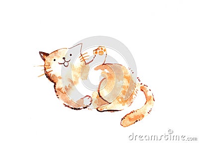 Brown cartoon watercolor illustration cat waving its paw with co Stock Photo