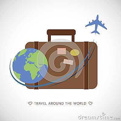 Brown case with blue and green globe and blue plane Vector Illustration