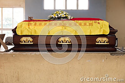 A brown Casket at a traditional Chinese funeral services Stock Photo