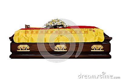 A brown Casket at a traditional Chinese funeral services Stock Photo