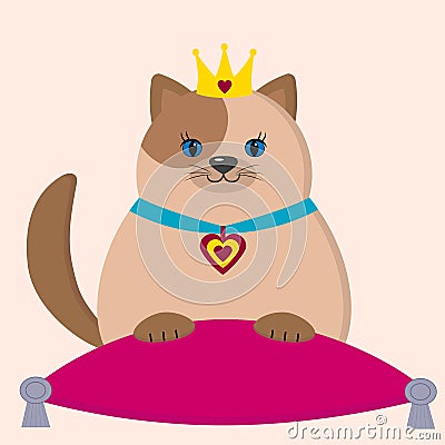 A brown cat princess is sitting on a pillow. Vector Illustration