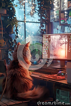Brown cat sits on wooden desk with computer screen displaying digital painting. Active workspace with keyboard and mouse. Window Stock Photo