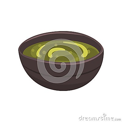 Ceramic bowl with green clay for face and body. Oil for massage. Skin care ingredient. Vector design for poster of spa Vector Illustration