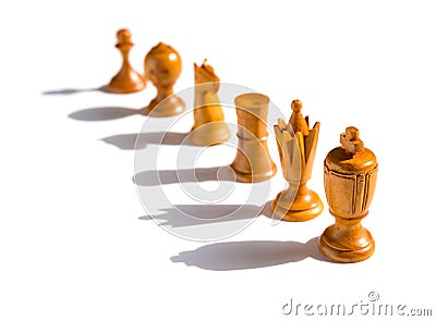 Brown chesses line up on white background with shadows Stock Photo