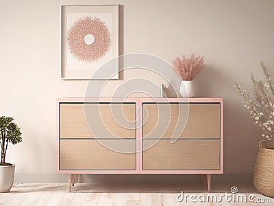 Brown Chest of Drawers, Stack of Books, Pink Flower, and Stylish Wicker Basket. Stock Photo