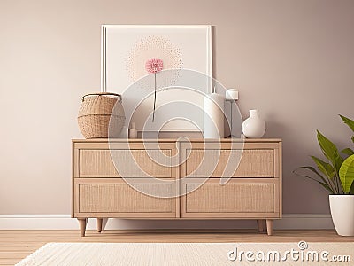 Brown Chest of Drawers, Stack of Books, Pink Flower, and Stylish Wicker Basket. Stock Photo