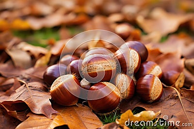 Brown chestnuts laying on a layer of dry brown fallen leaves Stock Photo