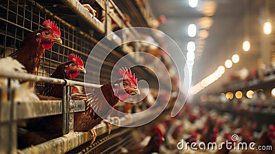 Brown chickens peering out from their confined cages in an industrial egg-laying farm. Poor living conditions in poultry Stock Photo