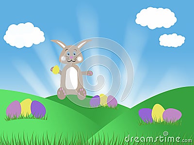 Brown chocolate easter bunny with eggs blue sky and green grass spring illustration Cartoon Illustration