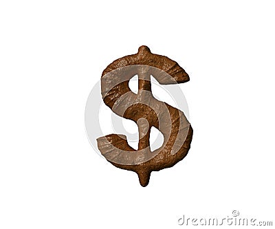 Brown clay or shit alphabet - dollar - peso sign isolated on white background, 3D illustration of symbols Cartoon Illustration