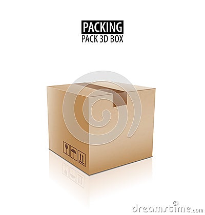 Brown closed carton delivery packaging box with fragile signs isolated on white background vector illustration. Vector Illustration