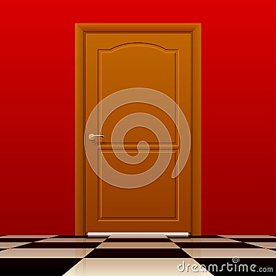 Brown closed door with red wall and glossy chess floor Vector Illustration