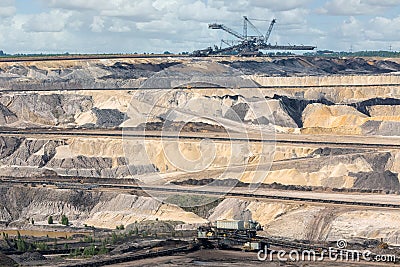 Brown coal open pit landscape with digging machine in Germany Stock Photo