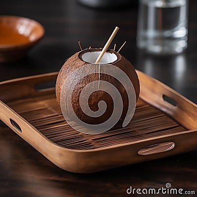 Brown Coconut with a Straw Stock Photo