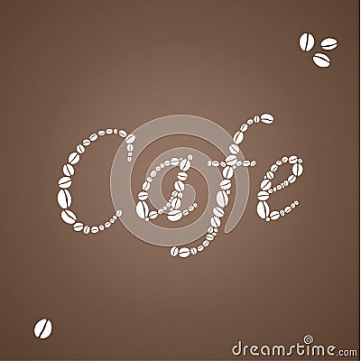 Brown coffee background with white insignia composed from shilouette of coffee beans. Vector Illustration