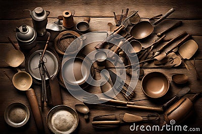 Brown color old utensils with vintage theme Stock Photo