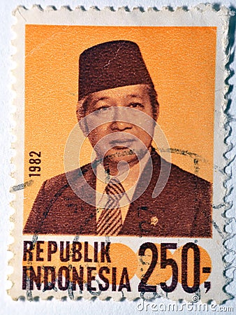 postage stamp printed in Indonesia with portrait image of Suharto the Indonesian second president, circa 1982 Editorial Stock Photo