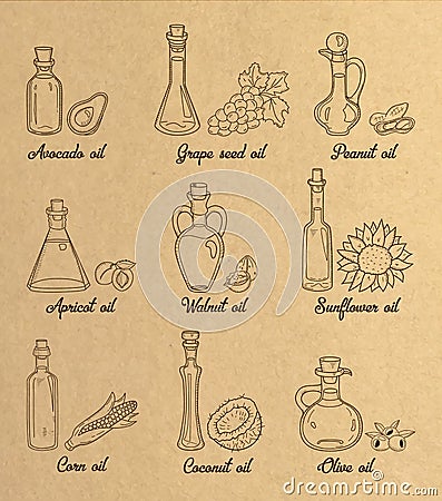 9 brown cooking oils in vintage sepia style. Vector Illustration