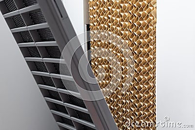 Brown cooling pad of evaporative cooler Stock Photo