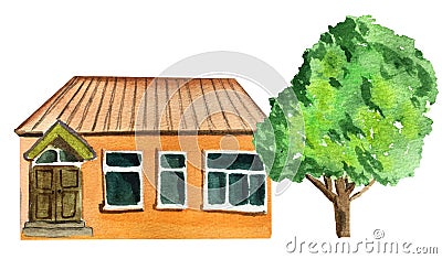 Brown country one-story house with a tree. watercolor illustration for design Cartoon Illustration