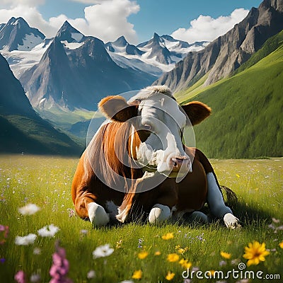 Brown Cow Resting Peacefully on a Lush Alpine Meadow During a Sunny Day Stock Photo