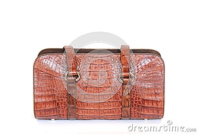 Brown crocodile leatherette handbag for woman or man on white Stock Photo