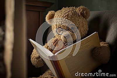 Brown cudly teddybear reading a book, ai generated illustration Cartoon Illustration