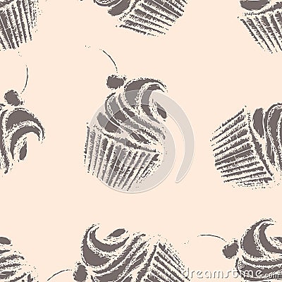 Brown cupcakes with whipped cream and cherry on beige Vector Illustration