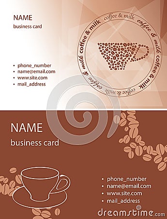 Brown cups and coffee grains - vector visit cards Vector Illustration