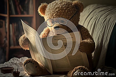 Brown cute teddy with glasses reading a newspaper, ai illustration Cartoon Illustration