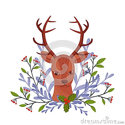 Brown Deer Near Floral Twigs. Hoofed Ruminant Mammal Sticking Out Its Head Through Winter Flora Vector Illustration Vector Illustration