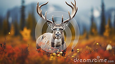 Brown Deer Stag In Field Of Golden Autumn Flowers - Realistic Portraitures Stock Photo