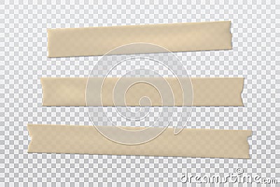 Brown different size adhesive, sticky, masking, duct tape, paper pieces are on grey squared background Vector Illustration