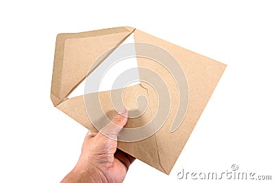 Brown document envelope and white paper with hand holding isolated on white background Stock Photo