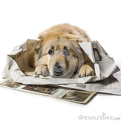 A brown dog peacefully resting on a newspaper bag Stock Photo