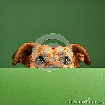 Brown Dog Peeking Over Green Wall, Curious Canine Looks Over the Fence Stock Photo