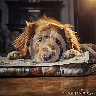 A brown dog relaxing on a newspaper Stock Photo