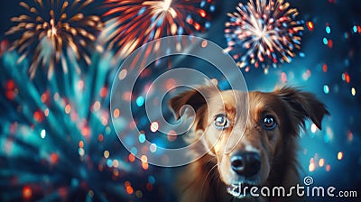A brown dog with scared eyes against a bokeh background of colorful fireworks exploding in the night sky Stock Photo