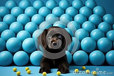 A brown dog sitting in front of a pile of blue balls. Generative AI image. Stock Photo