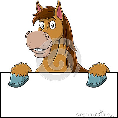 Brown Draft Horse Cartoon Mascot Character Over A Blank Sign Vector Illustration