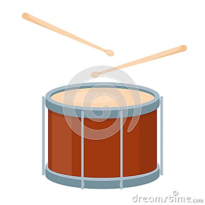 Brown drum and wooden drumsticks icon musical instrument. Vector Illustration