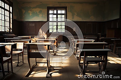 Brown dusty desks on wooden floor, retro walls vintage classroom interior image. Generative ai Stock Photo