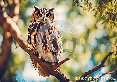 Brown eagle owl in the forest on natural blurred background. Stock Photo