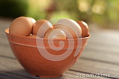 Brown eggs in bowl Stock Photo