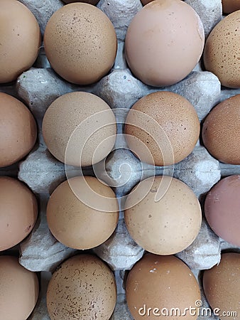 Brown eggs stacked in rows in a french kitchen, Flat view Stock Photo